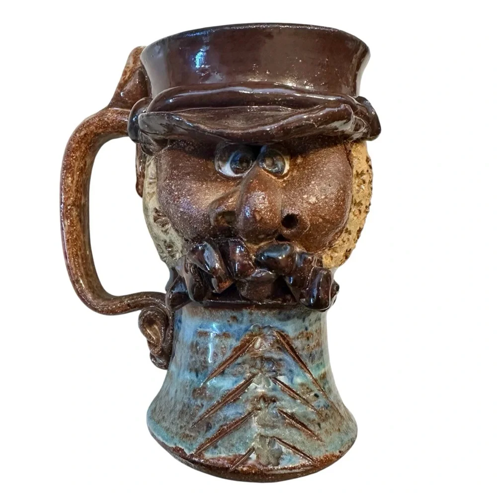 VTG 3D Face Pottery Mug 1970–80s Handmade Studio Art Ceramic Folk Art Sculptural